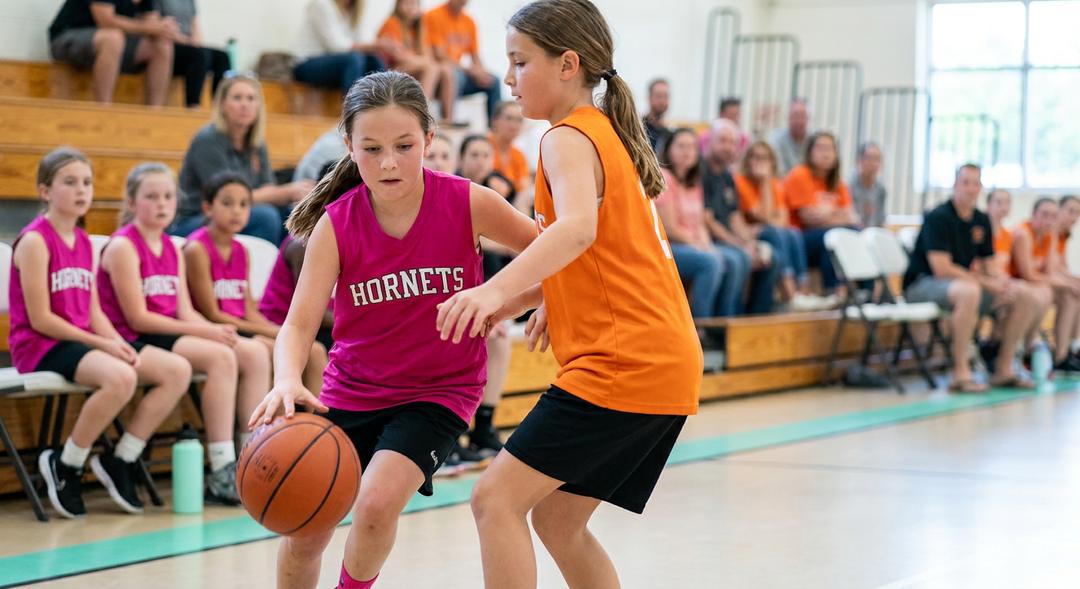 A girl in a Hornets jersey dribbling past her defender at a kids' basketball game