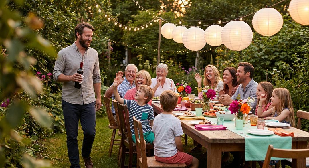 An extended family already gathered at a garden dinner as someone arrives with wine