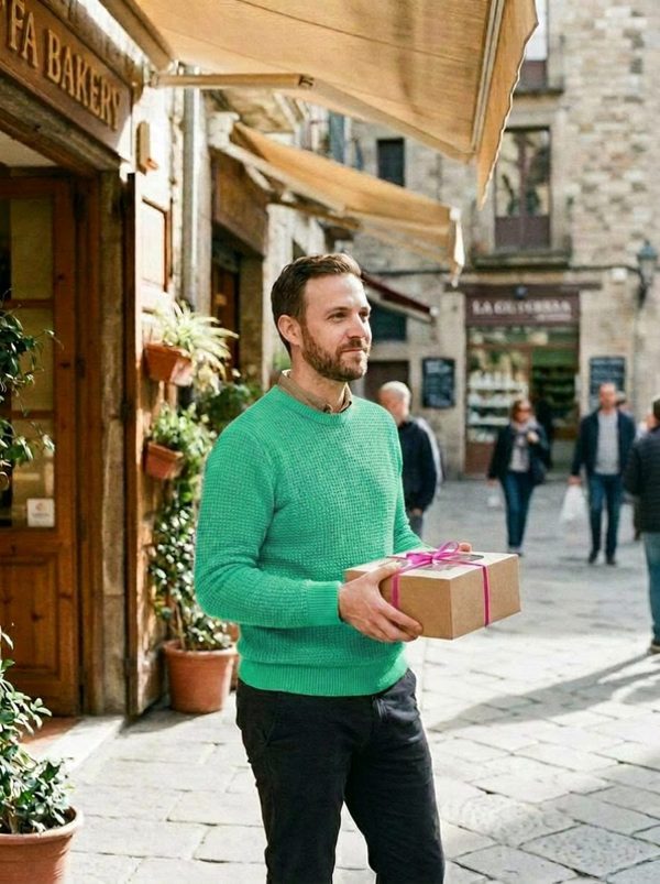 Mike walking home with a pink-ribboned cake box