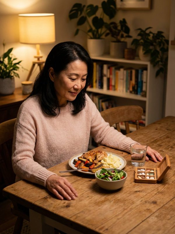 A woman taking her evening pills with dinner