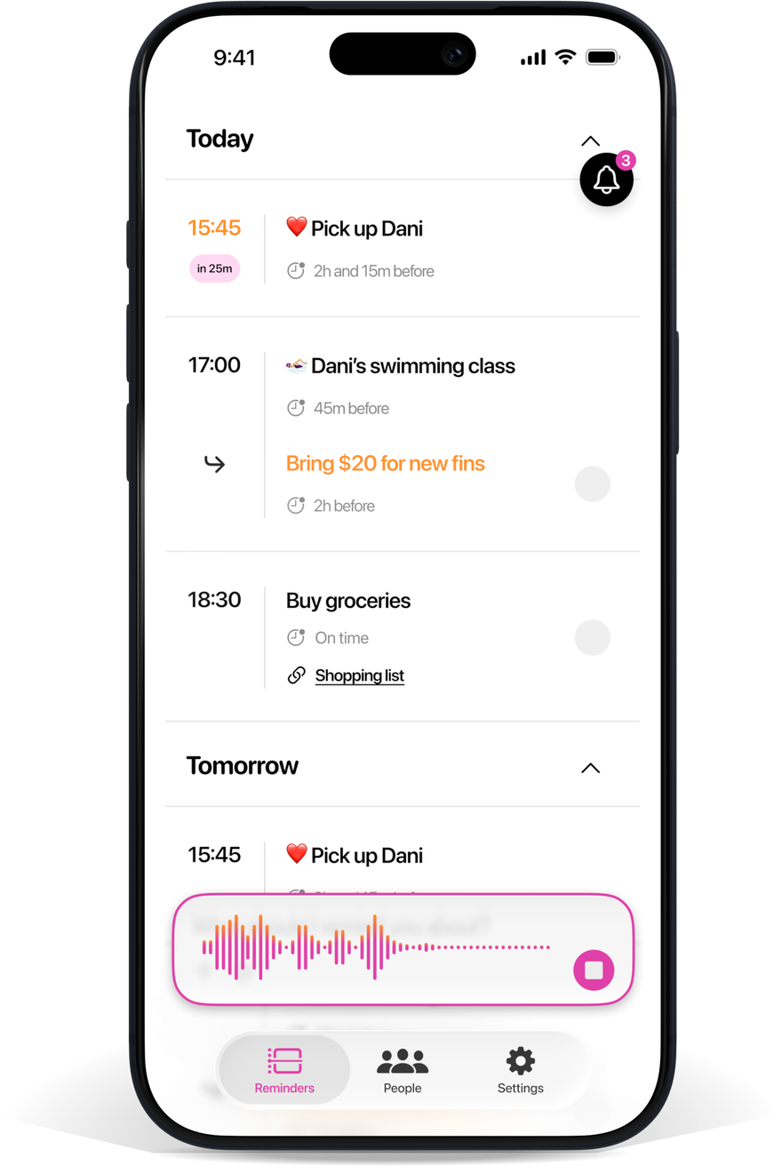 The RemindMe app showing today's reminders and voice capture