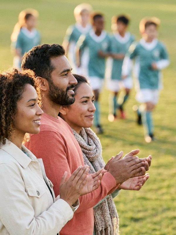 Parents cheering at a kids' soccer match