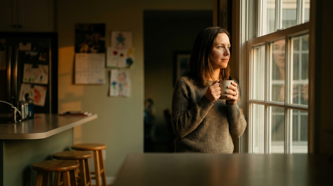 A parent at a kitchen window holding a mug, the quiet mental work of running a home